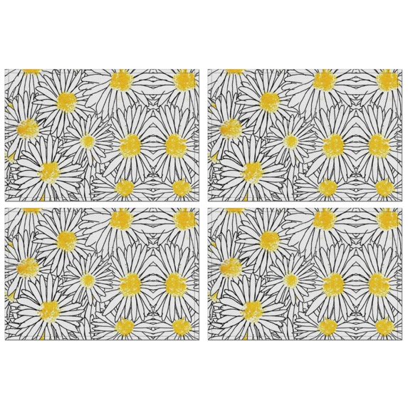 White Daisy Flower Black Lines Pattern Summer Placemats Table Placemats Set Of 4-Linen Kitchen Washable Placemats Table Mats 11.8"x17.7" Non-Slip Heat Resistant