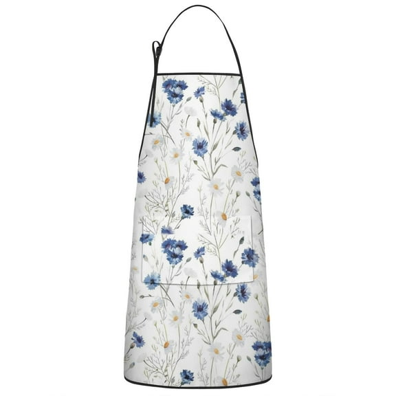 White Daisy Flower Pattern Apron-Garden Aprons for Women with Pockets-Cotton Linen Waterproof Kitchen Cooking Gardening Aprons Adjustable for Kitchen,Cooking,BBQ and Salon 33x27 Inch