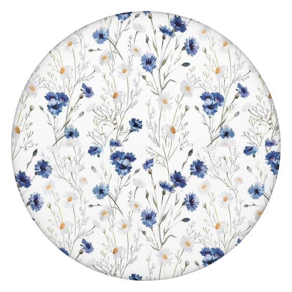 White Daisy Flower Pattern Round Fitted Tablecloth with Elastic Edge,Dining Table Cover Waterproof,Outdoor Round Tablecloth for Camping,Dining,Indoor and Outdoor