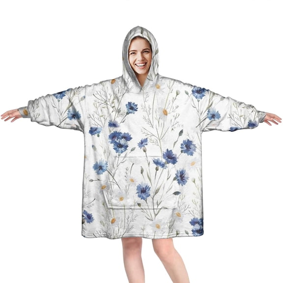 White Daisy Flower Pattern Wearable Oversized Blanket,Wearable Blanket Hoodie for Adults,Cozy Hooded Blankets with Super Pockets,Super Warm Fuzzy Pullover for Women & Men