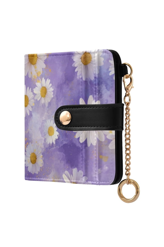 White Daisy Flower Purple Gradient Background Women's Wallet PU Leather Card Cases RFID Blocking Purse Billfold with Key Ring