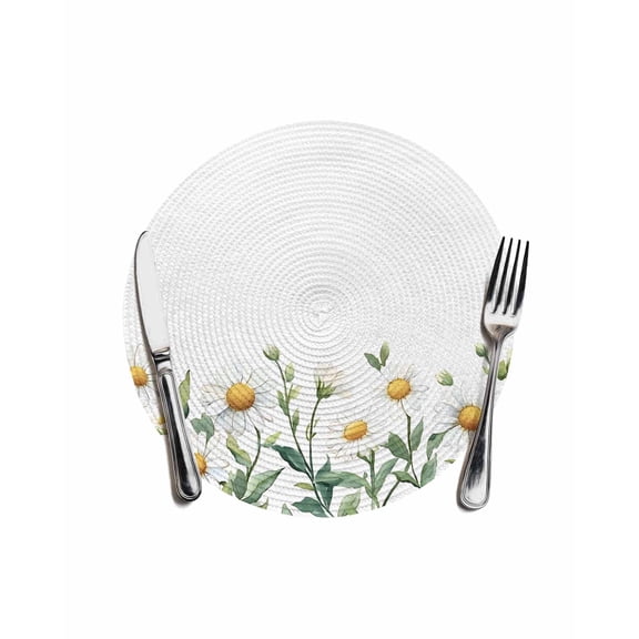 White Daisy Flower Round Table Placemats 1 pc, Watercolor Wildflower Washable Woven Place Mats for Dining Tables Kitchen Party Decor,Heat Proof, 13in,
