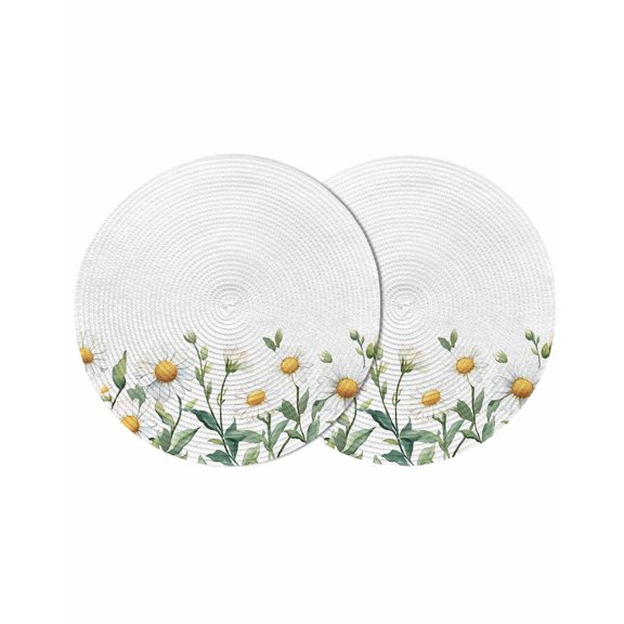 White Daisy Flower Round Table Placemats set of 2, Watercolor Wildflower Washable Woven Place Mats for Dining Tables Kitchen Party Decor,Heat Proof, 13in,