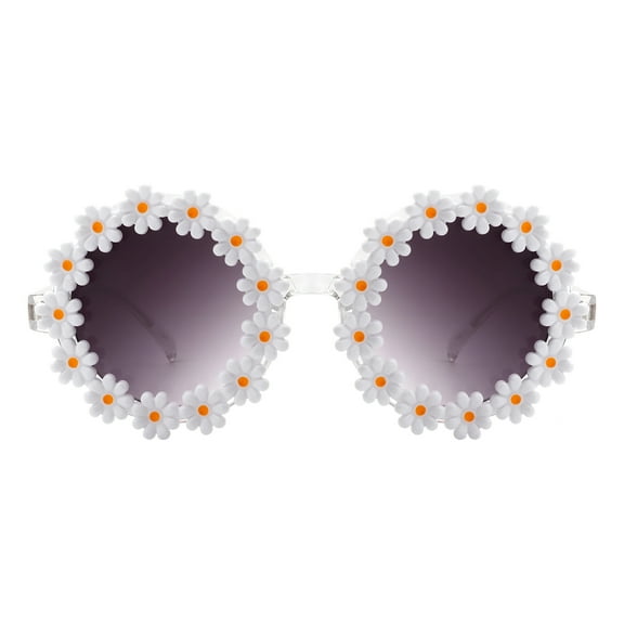 White Daisy Flower Sunglasses Round Oversized Festival Floral Shades UV 400