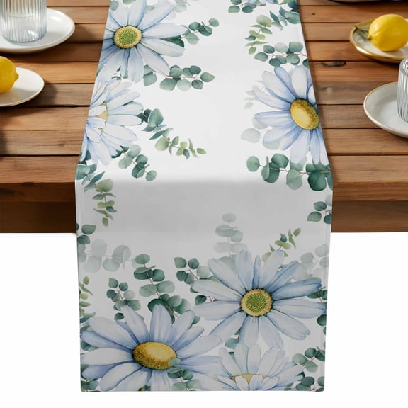 White Daisy Flower Table Runner, Green Leaf Farm Plant Country Style Washable Kitchen Table Runners Dress Scarves for Dining Table Decorations Party, 13x36in
