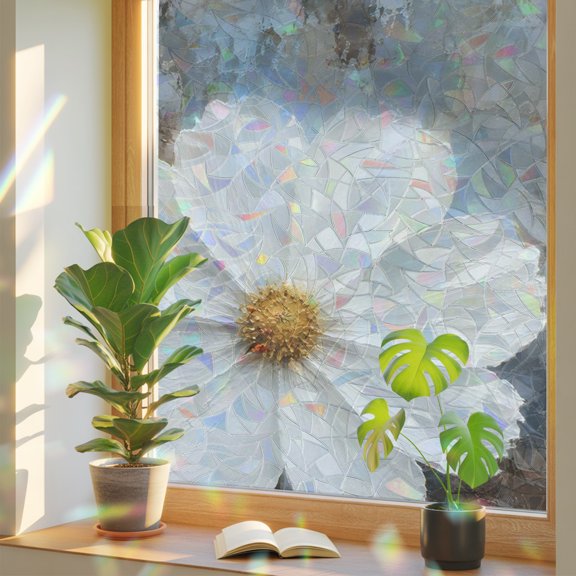 White Daisy Flower Window Privacy Film, Rustic Petals Oil Painting Botanical Print Static Cling Stained Glass Window Sticker Decorative Removable Rainbow Film for Glass 19.6”x39.3”