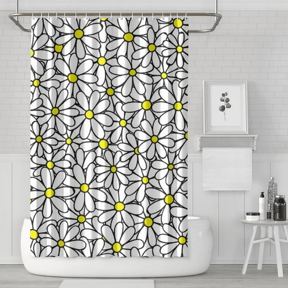 White Daisy Flower Yellow Centers Pattern Shower Curtain 72"x72" ,Bathroom Decorative Shower Curtains Set with 12 Hooks,Modern Waterproof Washable Shower Curtain