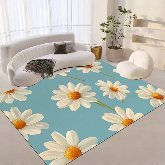 White Daisy Flowers 3D Print Pattern Rug, Sky Blue Background Area Rugs, Non-Slip Washable Carpet for Indoor Bedroom Living Room Home Office Kid's Room Balcony 3 x 4ft
