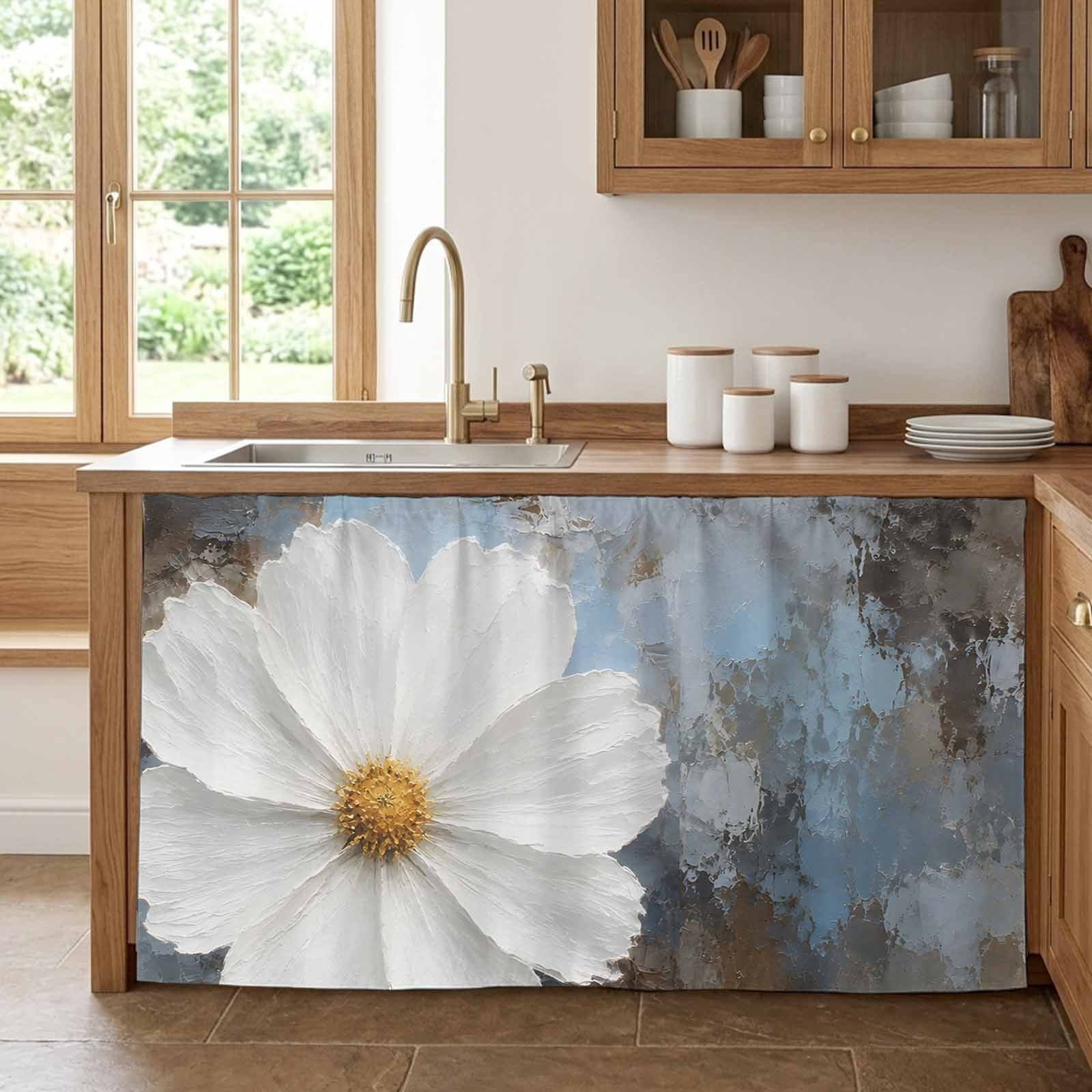 Oil Paint Spring White Daisy Flowers Cabinet Curtains 32