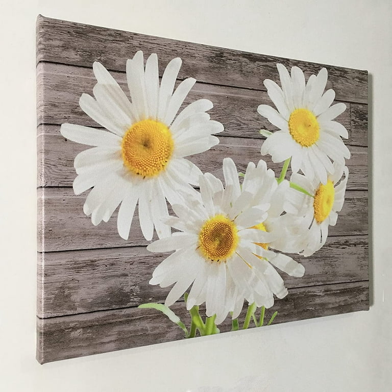 White Daisy Flowers Canvas Prints Bedroom Retro Picture Wall Art Yellow  Daisy Flowers Wood Grain LOVE Heart Rustic Farmhouse Floral Wall Decor  Living