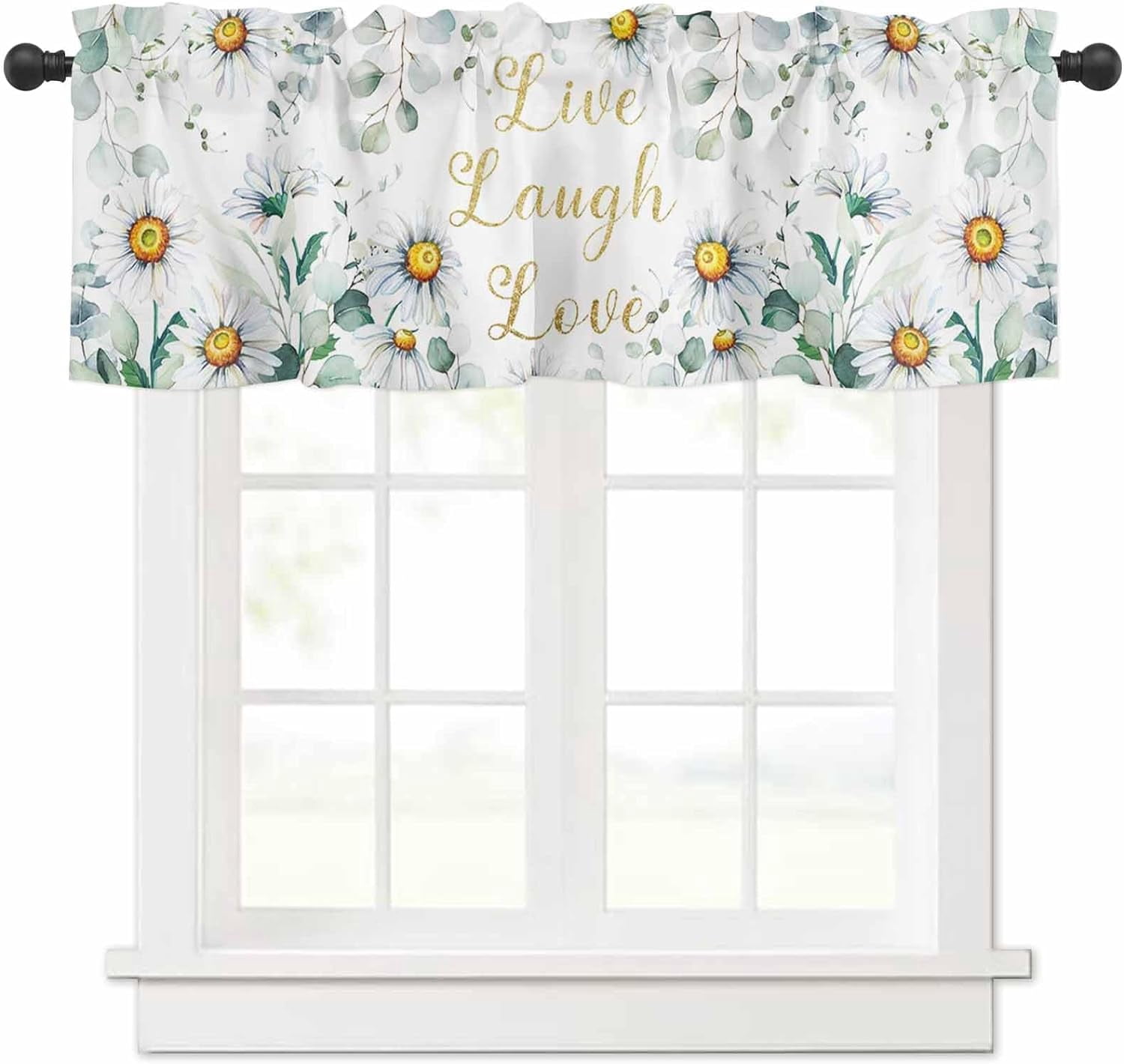 White Daisy Flowers Eucalyptus Leaves Small Window Valance Curtains for ...