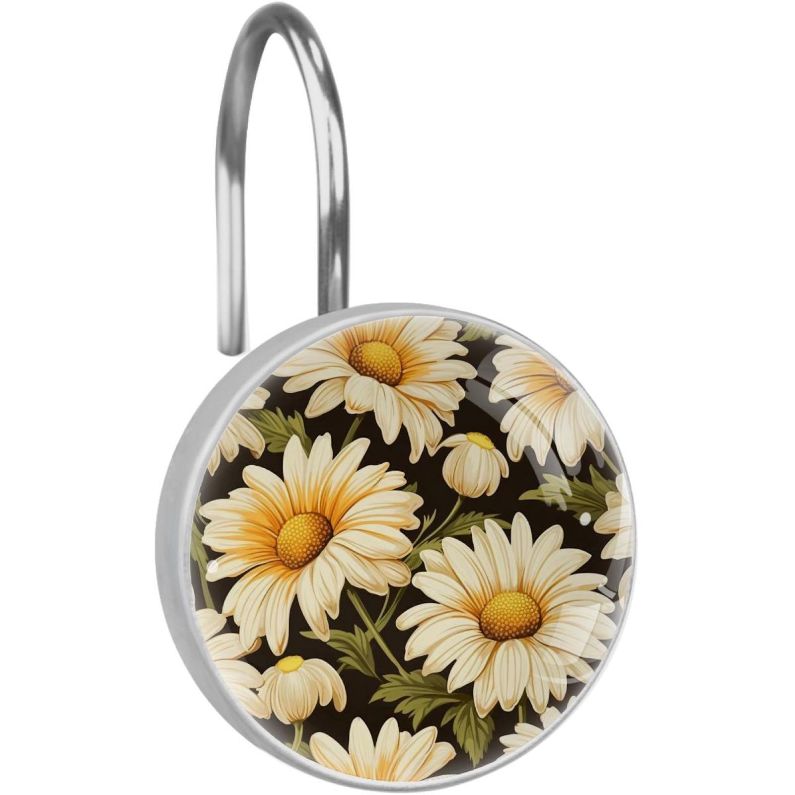 White Daisy Flowers Rolling Shower Curtain Hooks, Clear Crystal Glass Art Decorative Stainless Bath Bathroom Set 12 Pcs
