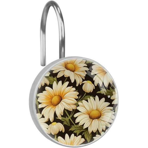 White Daisy Flowers Rolling Shower Curtain Hooks, Clear Crystal Glass Art Decorative Stainless Bath Bathroom Set 12 Pcs