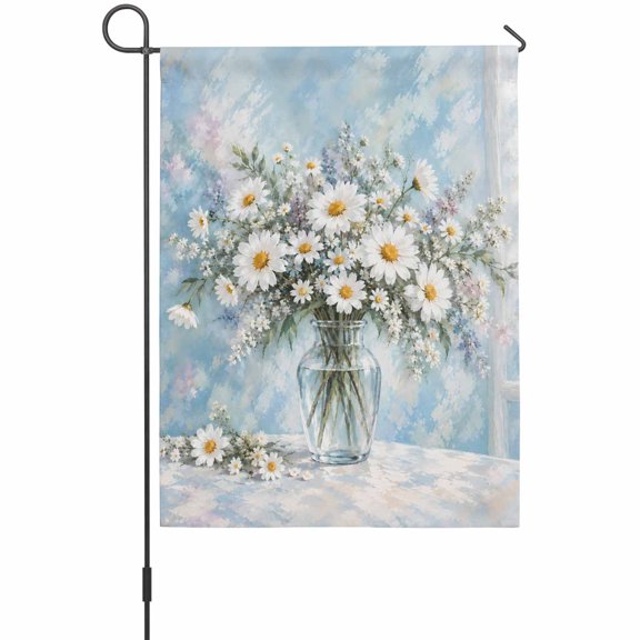 White Daisy Garden Flag 12 x 18 Inches, Modern Glass Vase Floral Rustic French Country Weather Proof Outdoor Patio Flags Double Sided Small Garden Decoration for Yard Outside Home