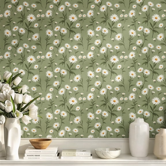 White Daisy Green Floral Peel and Stick Wallpaper, Farmhouse Rustic Boho Wall Art Wall Decor Art Print, Elegant Exquisite Wall Decoration for Living Room Bedroom Dorm Room Apartment Home Decor