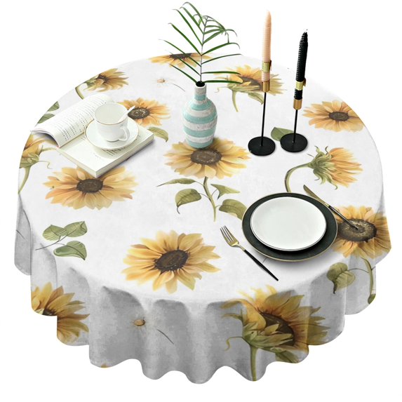 White Daisy Green Leaf Sunflower Pattern Round Tablecloth 60"x60",Wrinkle Wipeable Table Cloth for Kitchen Dining Room Picnic Patio Party