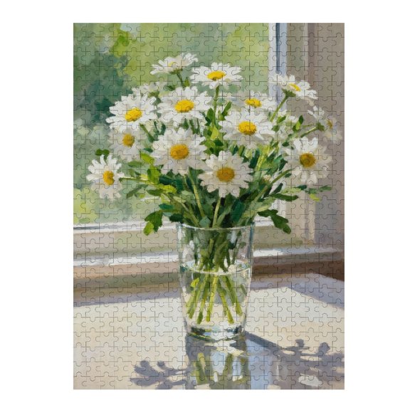 White Daisy with Green Leaves 500 Piece Puzzle for Adults, Floral Nature Jigsaw Puzzle, Relaxing and Challenging Puzzle for Family Time and Home Wall Decoration