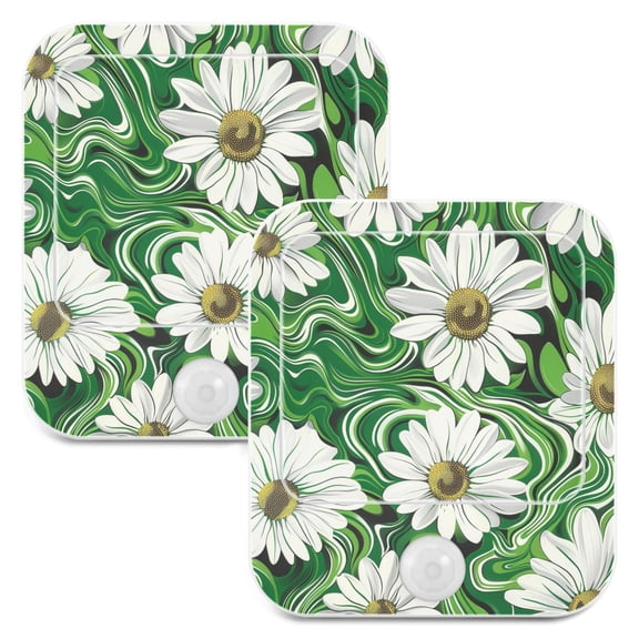 White Daisy in Green Liquid 2 Pack LED Motion Sensor Night Light Plug into Wall Auto Dusk to Dawn Adjustable Brightness for Kids Bedroom Hallway Nursery Room