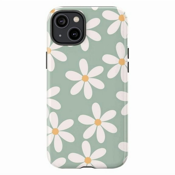 White Daisy Green Phone Case, Floral iPhone 16 15 14 13 12 Pro Max Cover, iPhone 16e 15 14 Plus Mini X XS XR SE 11 Tough Protective Case