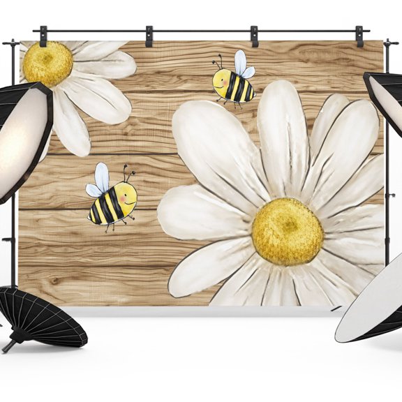 White Daisy Honeybees Backdrops for Photography, Farmhouse Floral Rustic Wood Stripes Fabric Photo Background Sturdy Studio Props for Photo Studio, Video Recording, Booth & Photoshoot 8x6ft