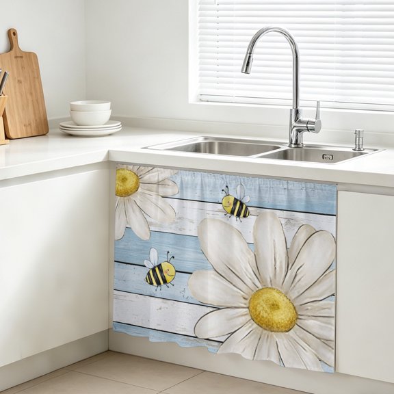 White Daisy Honeybees Cabinet Curtains for Kitchen 10"W x 11"L, Farmhouse Floral Blue Wood Grain Under Sink Skirt Magic Tape Short Curtain Decorative Privacy Panel for Bathroom Laundry