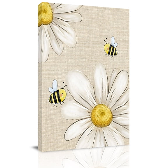 White Daisy Honeybees Canvas Wall Art for Living Room, Farmhouse Floral Vintage Minimalist Poster Print Painting for Bedroom Office Home Decoration Wall Pictures Prepare To Hang 10"x10"