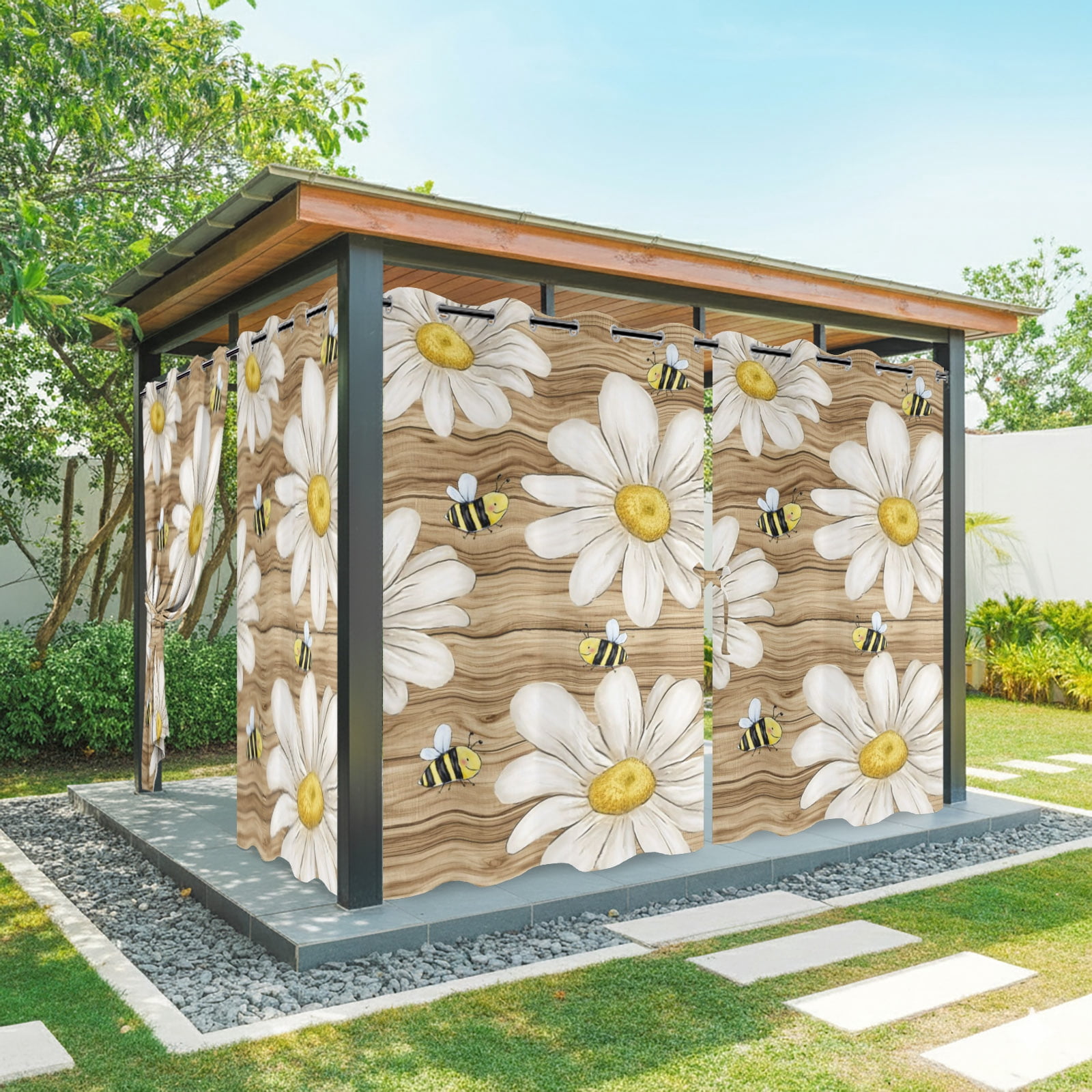 White Daisy Honeybees Outdoor Curtains for Patio, Farmhouse Floral Rustic Wood Stripes Sunshade Privacy Drapes Grommet Waterproof Outside Curtains for Porch/Cabana/Balcony 54"x 108", 1 Panel