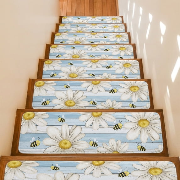 White Daisy Honeybees Stair Treads Non Slip for Steps Farmhouse Floral Blue Wood Grain 10 Pcs Reusable Adhesive Stair Runner Mats for Dogs Elders Carpet Treads Rugs for Staircase 8x30 In