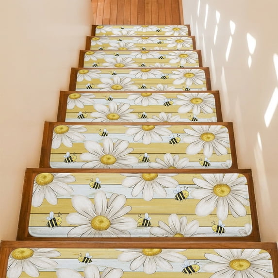 White Daisy Honeybees Stair Treads Non Slip for Steps Farmhouse Floral Yellow Wood Stripes 10 Pcs Reusable Adhesive Stair Runner Mats for Dogs Elders Carpet Treads Rugs for Staircase 8x30 In