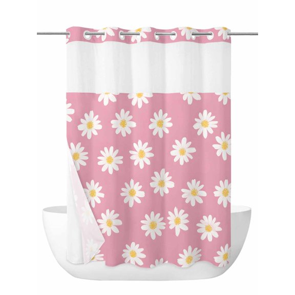 White Daisy No Hook Shower Curtain and Liner Set Flowers Pink Background Minimalist Modern Art Shower Curtains with Snap-in Liner & See Through Top Window Hotel Style for Bathroom Decor 60x72 Inch