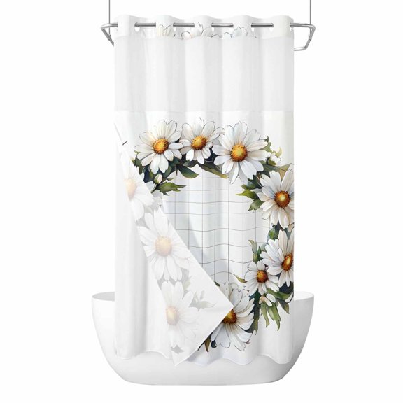 White Daisy No Hooks Shower Curtain with Snap-in Liner Spring Flower Floral Green Leaf Line Plaid Watercolor Shower Curtains for Bathroom, Waterproof, Easy Install, Washable 36"x72"