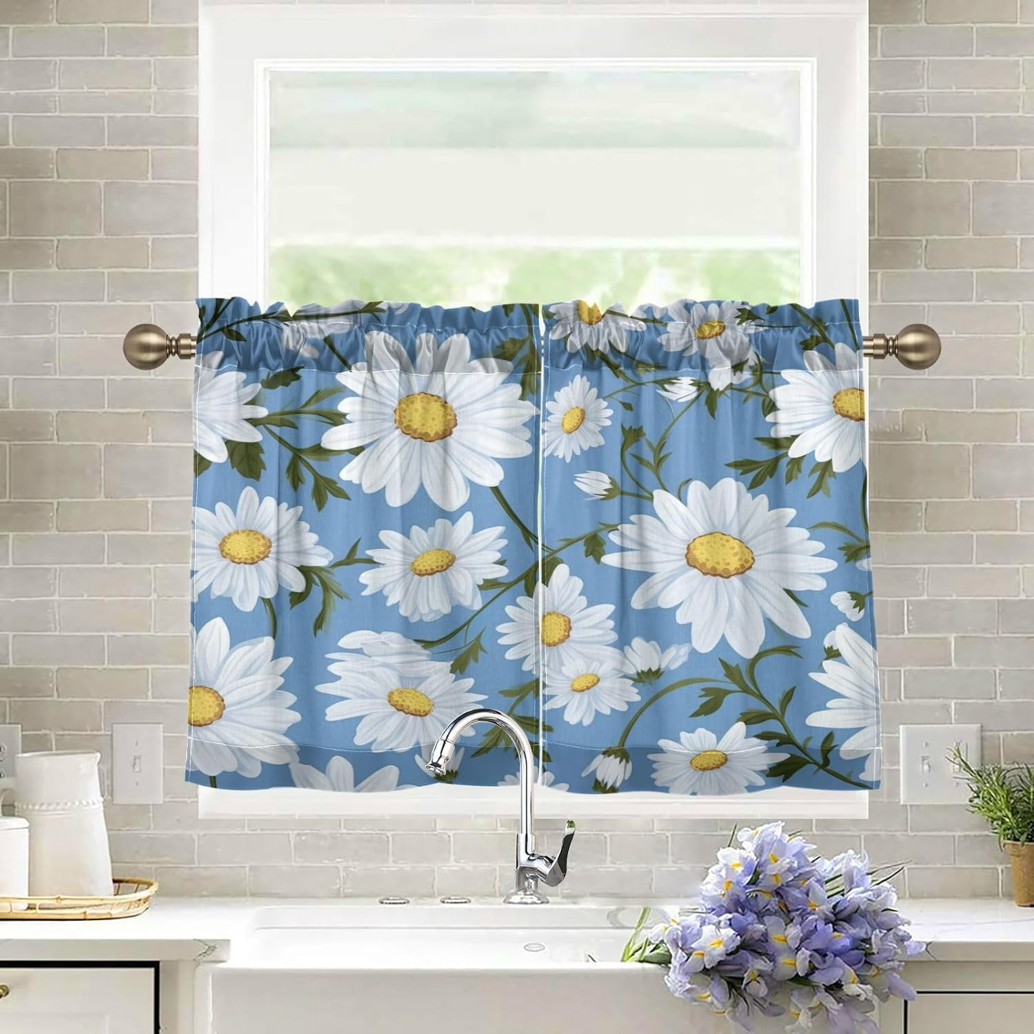 White Daisy Kitchen Curtains 24 Inch Length Blackout Thermal Insulating