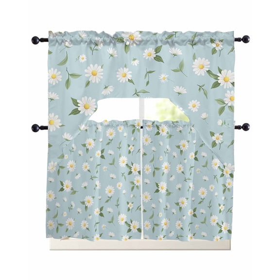 White Daisy Kitchen Curtains Swag Valance and Tier Curtains Set 36 Inch Length, Country Pastoral Spring Botanical Flowers Rod Pocket Drape Panels Pair Swag Curtain for Bathroom/Cafe/Window