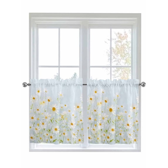 White Daisy Kitchen Curtains Tier 24 Inch Length, Spring Farmhouse Flowers Watercolor Rod Pocket Light Filtering Window Curtains Living Room Bedroom Curtain Drapes Cafe Curtain 27.5''x24''x2