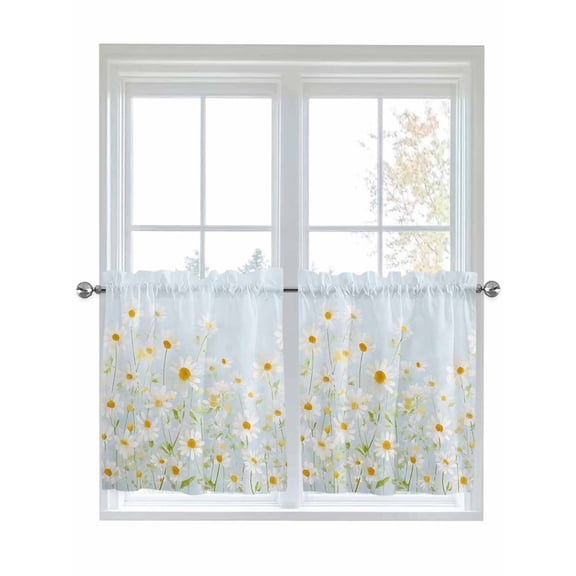 White Daisy Kitchen Curtains Tier 24 Inch Length, Spring Farmhouse Flowers Watercolor Rod Pocket Light Filtering Window Curtains Living Room Bedroom Curtain Drapes Cafe Curtain 27.5''x24''x2