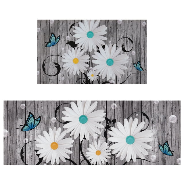 White Daisy Kitchen Rugs Set of 2 Floral Runner Rugs with Rubber