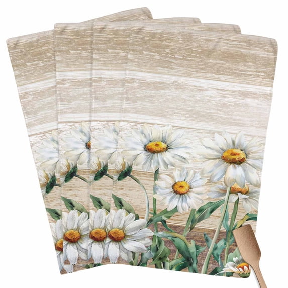 White Daisy Kitchen Towel Dish Cloths Set of 4, Microfiber Soft Kitchen Hand Towels, Vintage Botanical Spring Floral Summer Absorbent Quick Drying Dishcloths 18 x 28 Inches