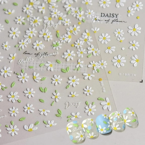 White Daisy Nail Art Stickers Flower Nail Stickers 5D Embossed Flower Nail Decals Cute Daisy Nails Adhesive Sliders Manicure Nail Art Supplies for Spring Summer DIY Nail Art Decorations Accessories