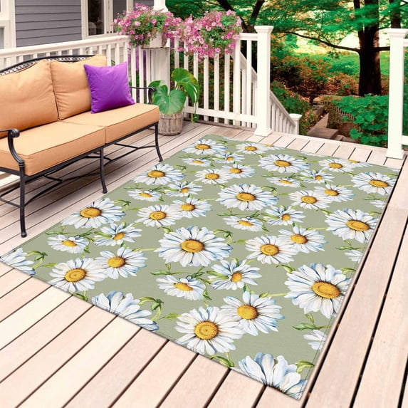 White Daisy Outdoor Rug for Patio/Deck/Porch, Non-Slip Large Area Rug 6 x 9 Ft, Sage Green Botanical Flowers Floral Country Indoor Outdoor Rugs Washable Area Rugs, Camping Rug Carpet Runner