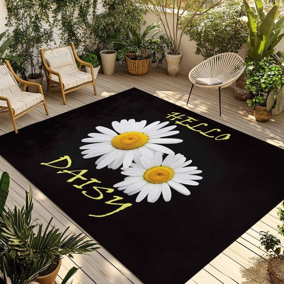White Daisy Outdoor Rug for Patio/Deck/Porch, Non-Slip Large Area Rug 6 x 9 Ft, Spring Hello Daisy Floral Black Indoor Outdoor Rugs Washable Area Rugs, Reversible Camping Rug Carpet Runner