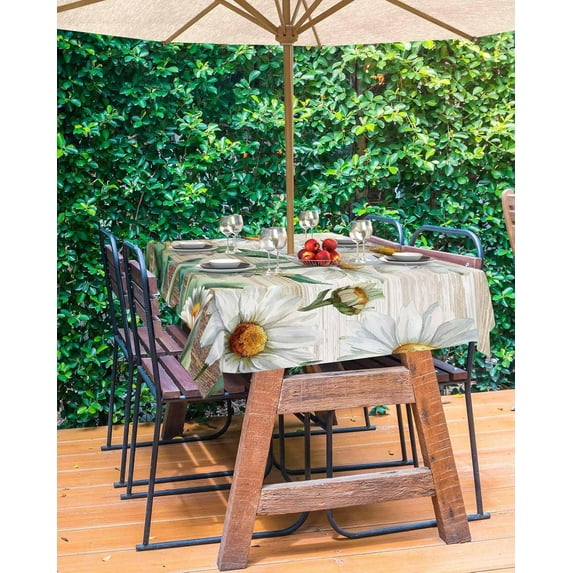 White Daisy Outdoor Tablecloth - 52x70 Inch Rectangle Dining Table Cover, Vintage Botanical Spring Floral Summer Waterproof Outdoor Table Cloth with Umbrella Hole & Zipper for Picnic/Patio