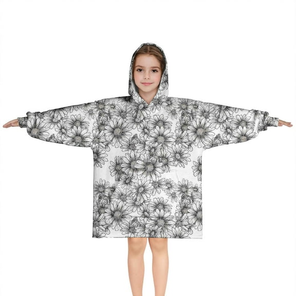 White Daisy Pattern Blanket Hoodies for Kids 6-13YR Oversize Wearable Blanket Hoodies for Boys Girls Teens