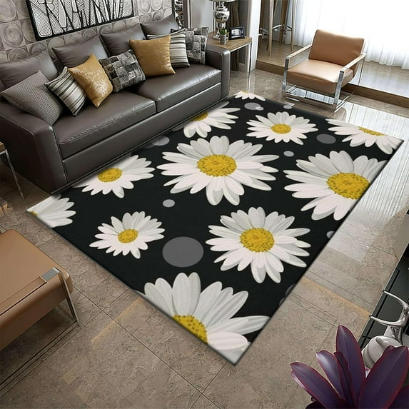 White Daisy Pattern Pattern Area Rugs, Black Background Flowers Plants Print Area Rug, Comfortabler Living Room Carpets,Easy To Clean Rug For Dining Room Bedroom Bedside 1x2ft