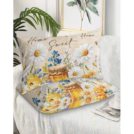 White Daisy Pillow Cases Standard Size Set of 2 - Microfiber Bed Throw Pillow Covers, Spring Floral Bees Elegant Pastoral Botanical Decorative Lumbar Pillow Cover with Envelope Closure 20"x26"