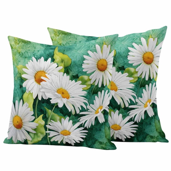 White Daisy Pillow Covers 2 Pack Flower Floral Green Leaf Spring Plant Watercolor Pillowcase Waterproof Outdoor Throw Pillow Cover for Patio Garden Square Cushion 26”x26”