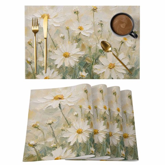 White Daisy Placemats Set of 12, Spring Floral Golden Oil Painting Style Shabby Chic Non-Slip Place Mats Washable Table Mats for Kitchen Dining Table Decorations Indoor/Outdoor