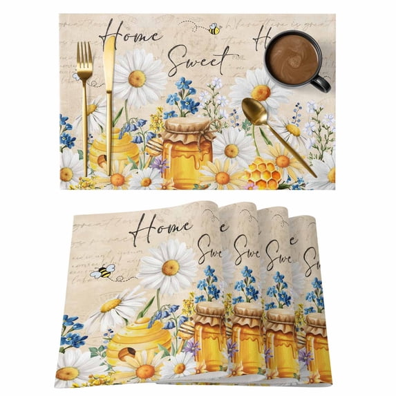 White Daisy Placemats Set of 4, Spring Floral Bees Elegant Pastoral Botanical Placemats for Dining Table, Place Mats for Kitchen Tabletop, Waterproof Wipeable Dining Table Mats Set