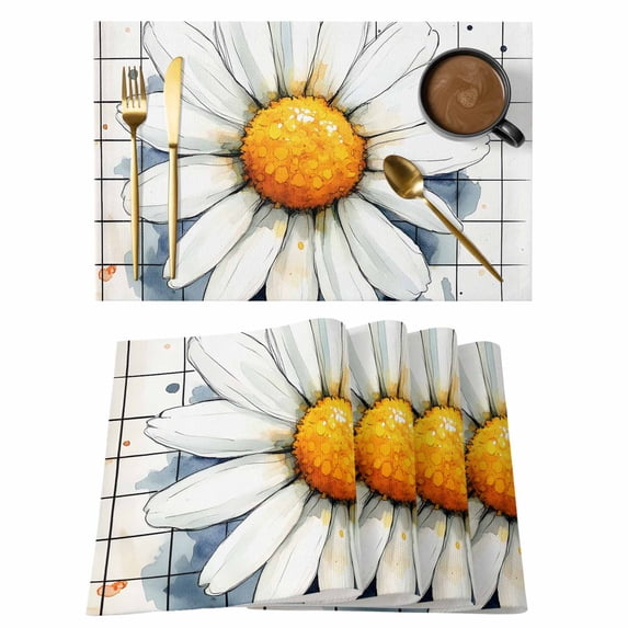 White Daisy Placemats Set of 4, Spring Flower Floral Green Leaf Black Line Plaid Watercolor Non-Slip Place Mats Washable Table Mats for Kitchen Dining Table Decorations Indoor/Outdoor
