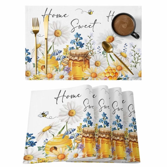 White Daisy Placemats Set of 6, Spring Floral Elegant Farmhouse Botanical Bees Placemats for Dining Table, Place Mats for Kitchen Tabletop, Waterproof Wipeable Dining Table Mats Set