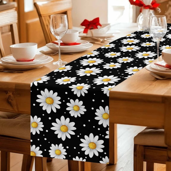 White Daisy Polka Dots on Black Table Runner 36 Inches Long,Kitchen Dining Tablerunners Farmhouse Daisies Floral Linen Table Runners Dresser Scarves for Home Dinner Wedding Holiday Party Decor